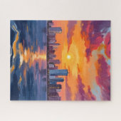 City Skyline Sunset Watercolor Art Puzzle (Horizontal)