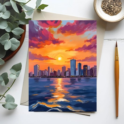 City Skyline Sunset Watercolor Postkarte