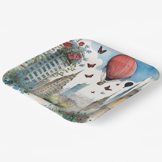 City Skyling Rose Schmetterlinge und Heißluftballo Pappteller (Gewinkelt)