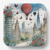 City Skyling Rose Schmetterlinge und Heißluftballo Pappteller (Vorderseite)