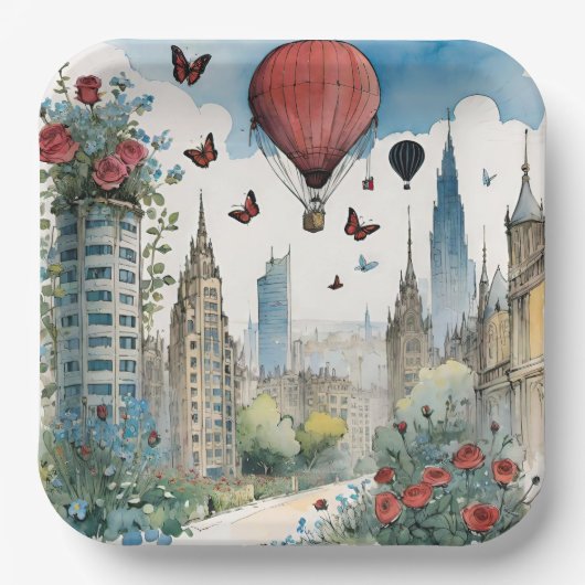 City Skyling Rose Schmetterlinge und Heißluftballo Pappteller (Vorderseite)