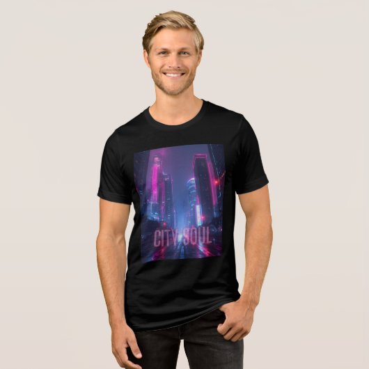 CITY SOUL - Neon Cyberpunk Skyline Design Tri-Blend Shirt (Vorderseite voll)