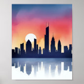Cityscape Silhouette at Sunset Reflection Poster (Vorne)