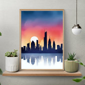 Cityscape Silhouette at Sunset Reflection Poster