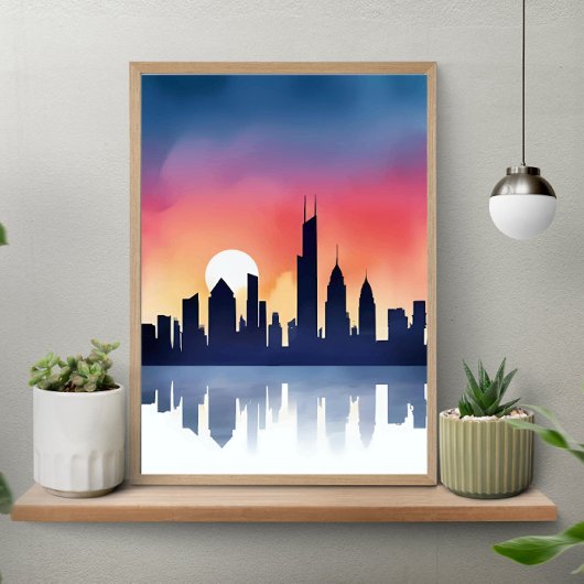 Cityscape Silhouette at Sunset Reflection Poster