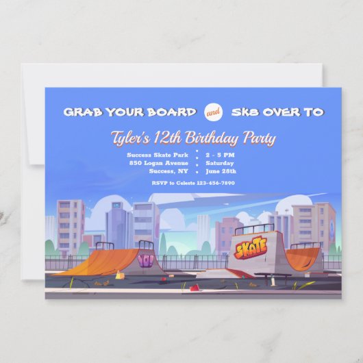 Cityscape Skate Park Geburtstagsparty Einladung (Vorderseite)