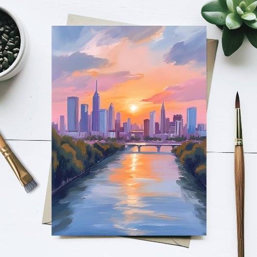 Cityscape Sunset Watercolor Painting Postkarte