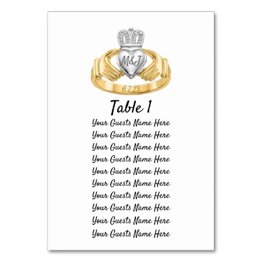 Claddagh-Ring Hochzeitstisch Plan Initialen & Datu Tischnummer (Vorderseite)