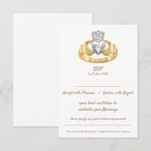 Claddagh Ring Wedding RSVP mit Initialen & Datum Karte (Vorne/Hinten)