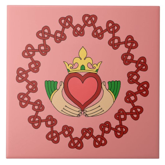 Claddagh und Rote Knüpfarbeit auf Rosa Fliese (Vorderseite)