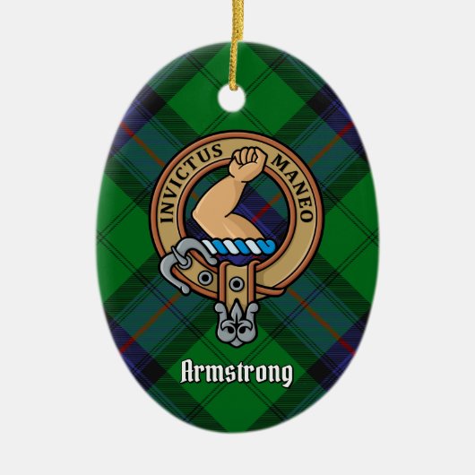 Clan Armstrong Wappen über Tartan Keramik Ornament (Vorne)