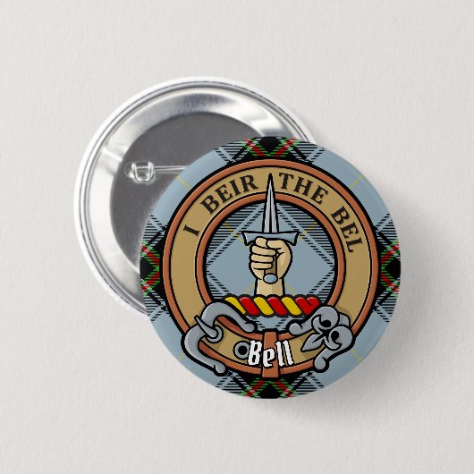Clan Bell Wappen über Tartan Button (Vorne & Hinten)