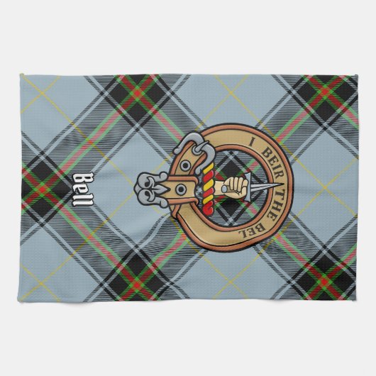 Clan Bell Wappen über Tartan Geschirrtuch (Horizontal)