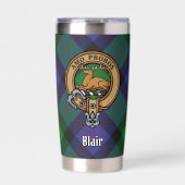 Clan Blair Wappen über Tartan Thermobecher (Vorderseite)