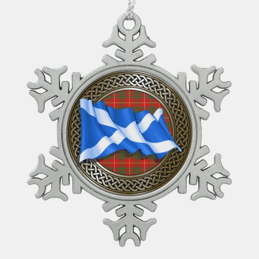 Clan Bruce Tartan Knot & Flag Schneeflocken Zinn-Ornament (Vorderseite)