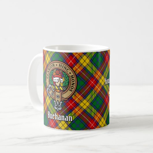 Clan Buchanan Wappen über Tartan Kaffeetasse (Vorderseite Links)