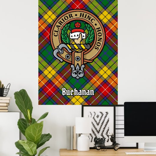 Clan Buchanan Wappen über Tartan Poster (Heimbüro)