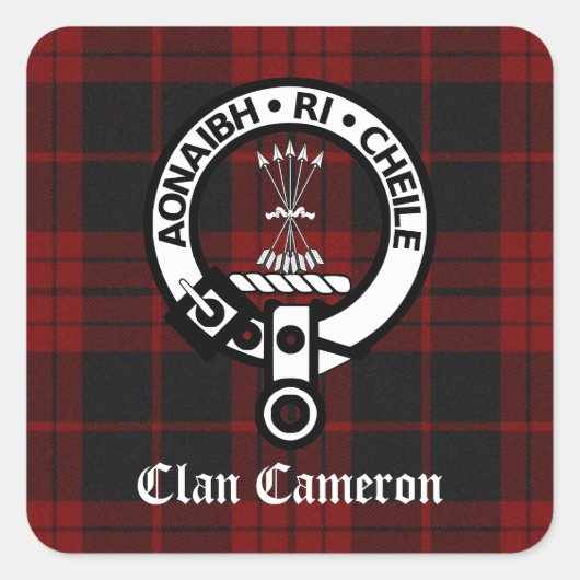 Clan Cameron Wappen & Tartan Quadratischer Aufkleber (Vorderseite)
