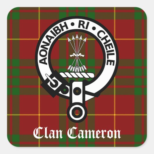 Clan Cameron Wappen & Tartan Quadratischer Aufkleber (Vorderseite)