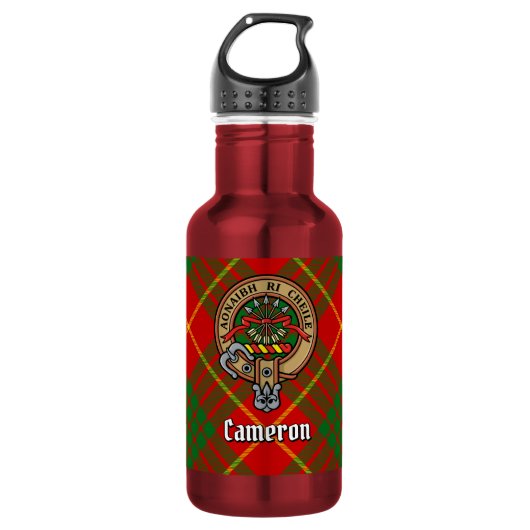 Clan Cameron Wappen über Tartan Edelstahlflasche (Vorderseite)