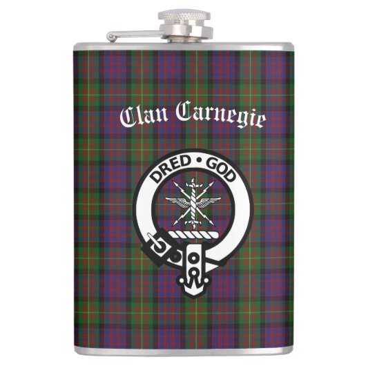 Clan Carnegie Wappen Abzeichen und Tartan Flachmann (Vorderseite)