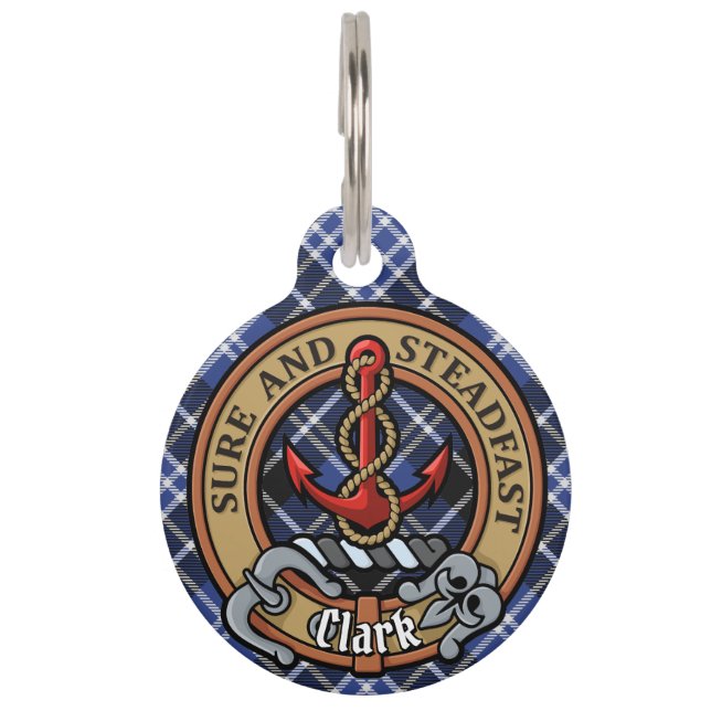 Clan Clark Wappen über Tartan Haustiermarke (Vorderseite)