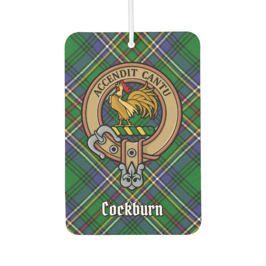 Clan Cockburn Wappen über Tartan Autolufterfrischer (Vorderseite)