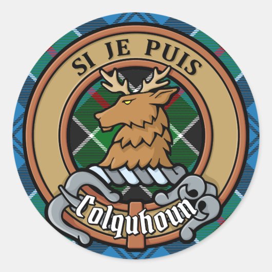 Clan Colquhoun Wappen über Tartan Runder Aufkleber (Vorderseite)