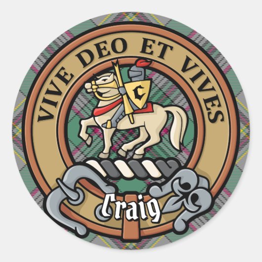 Clan Craig Wappen über Tartan Runder Aufkleber (Vorderseite)
