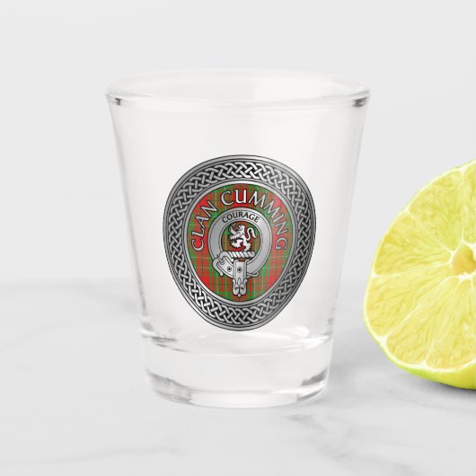 Clan Cumming Wappen & Tartan Knot Shot Glass Schnapsglas (Vorderseite)