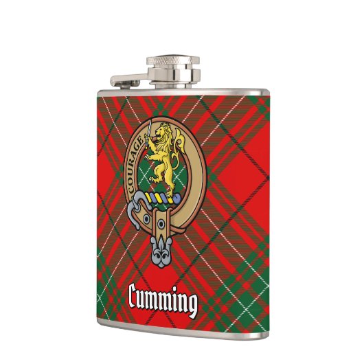 Clan Cumming Wappen über Tartan Flachmann (Links)