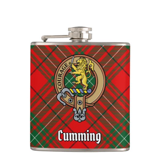 Clan Cumming Wappen über Tartan Flachmann (Vorderseite)