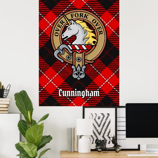 Clan Cunningham Wappen über Tartan Poster (Heimbüro)