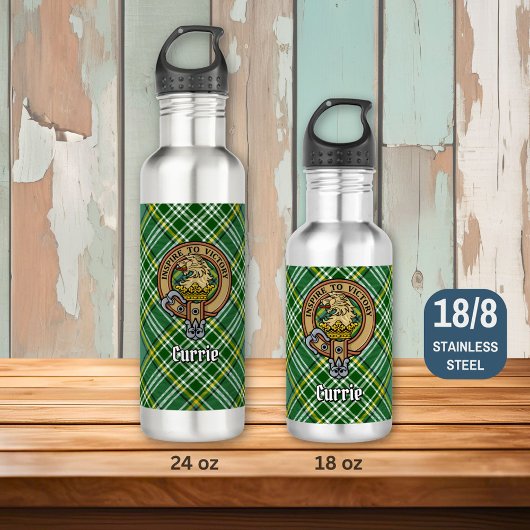 Clan Currie Lion Wappen über Tartan Edelstahlflasche