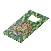Clan Currie Lion Wappen über Tartan Geldbeutel Flaschenöffner (Vorderseite Schrägansicht)