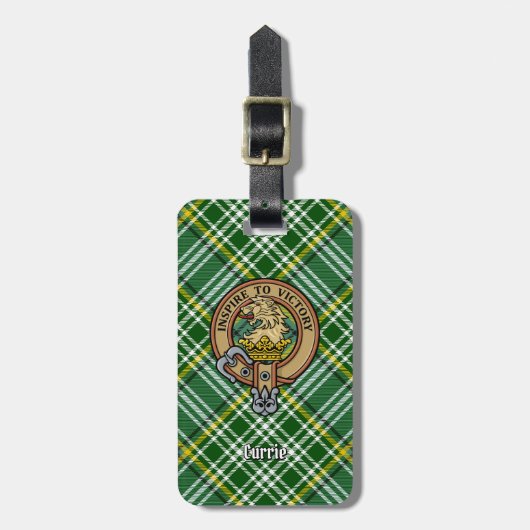 Clan Currie Lion Wappen über Tartan Gepäckanhänger (Vorderseite vertikal)