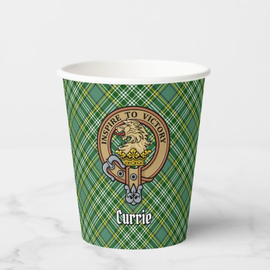 Clan Currie Lion Wappen über Tartan Pappbecher (Vorderseite)