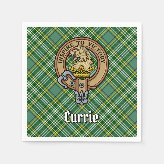 Clan Currie Lion Wappen über Tartan Serviette (Vorderseite)
