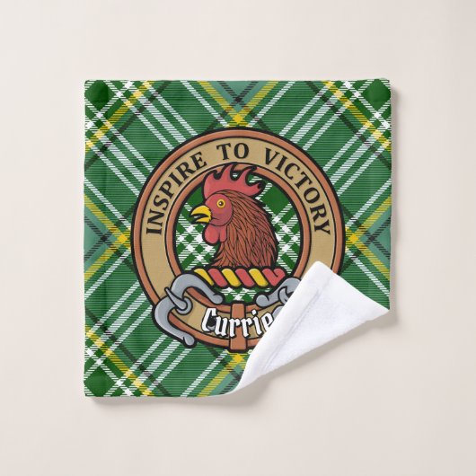 Clan Currie Rooster Wappen über Tartan Badhandtuch Set (Waschlappen)