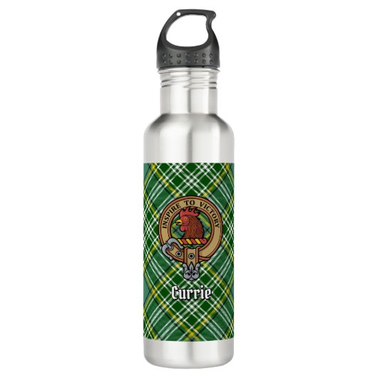 Clan Currie Rooster Wappen über Tartan Edelstahlflasche (Vorderseite)