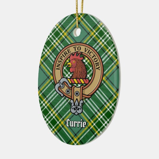 Clan Currie Rooster Wappen über Tartan Keramik Ornament (Links)