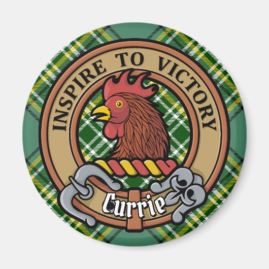 Clan Currie Rooster Wappen über Tartan Magnet (Vorne)