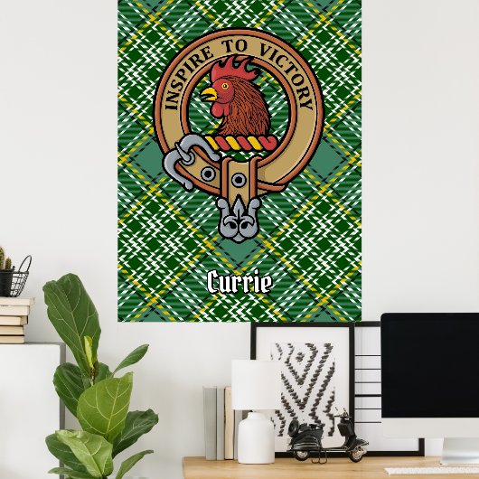 Clan Currie Rooster Wappen über Tartan Poster (Heimbüro)