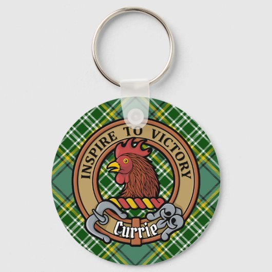 Clan Currie Rooster Wappen über Tartan Schlüsselanhänger (Vorderseite)