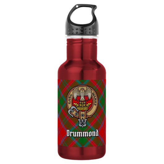 Clan Drummond Wappen über Tartan Edelstahlflasche (Vorderseite)