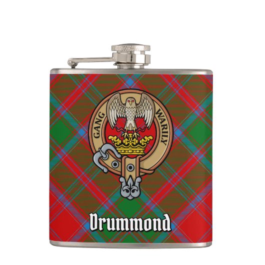 Clan Drummond Wappen über Tartan Flachmann (Vorderseite)