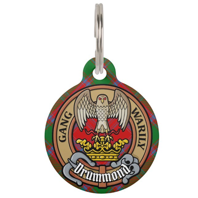 Clan Drummond Wappen über Tartan Haustiermarke (Vorderseite)