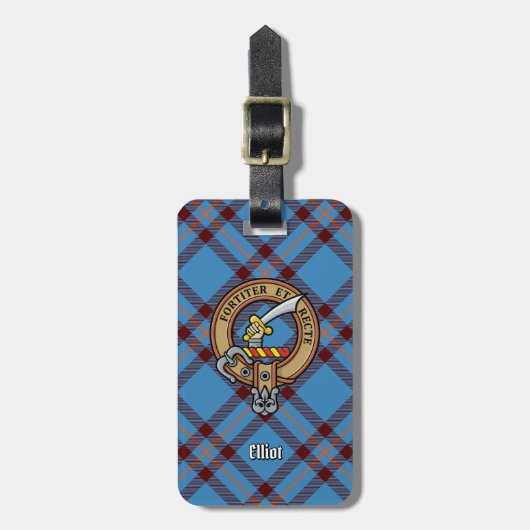 Clan Elliot Wappen über antikes Tartan Gepäckanhänger (Vorderseite vertikal)