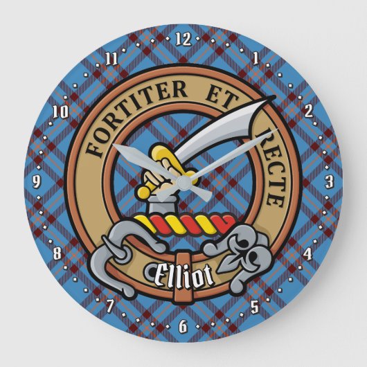 Clan Elliot Wappen über antikes Tartan Große Wanduhr (Vorderseite)