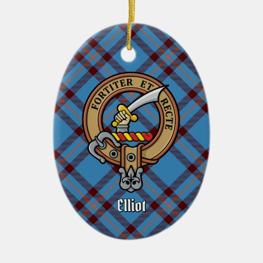 Clan Elliot Wappen über antikes Tartan Keramik Ornament (Vorne)